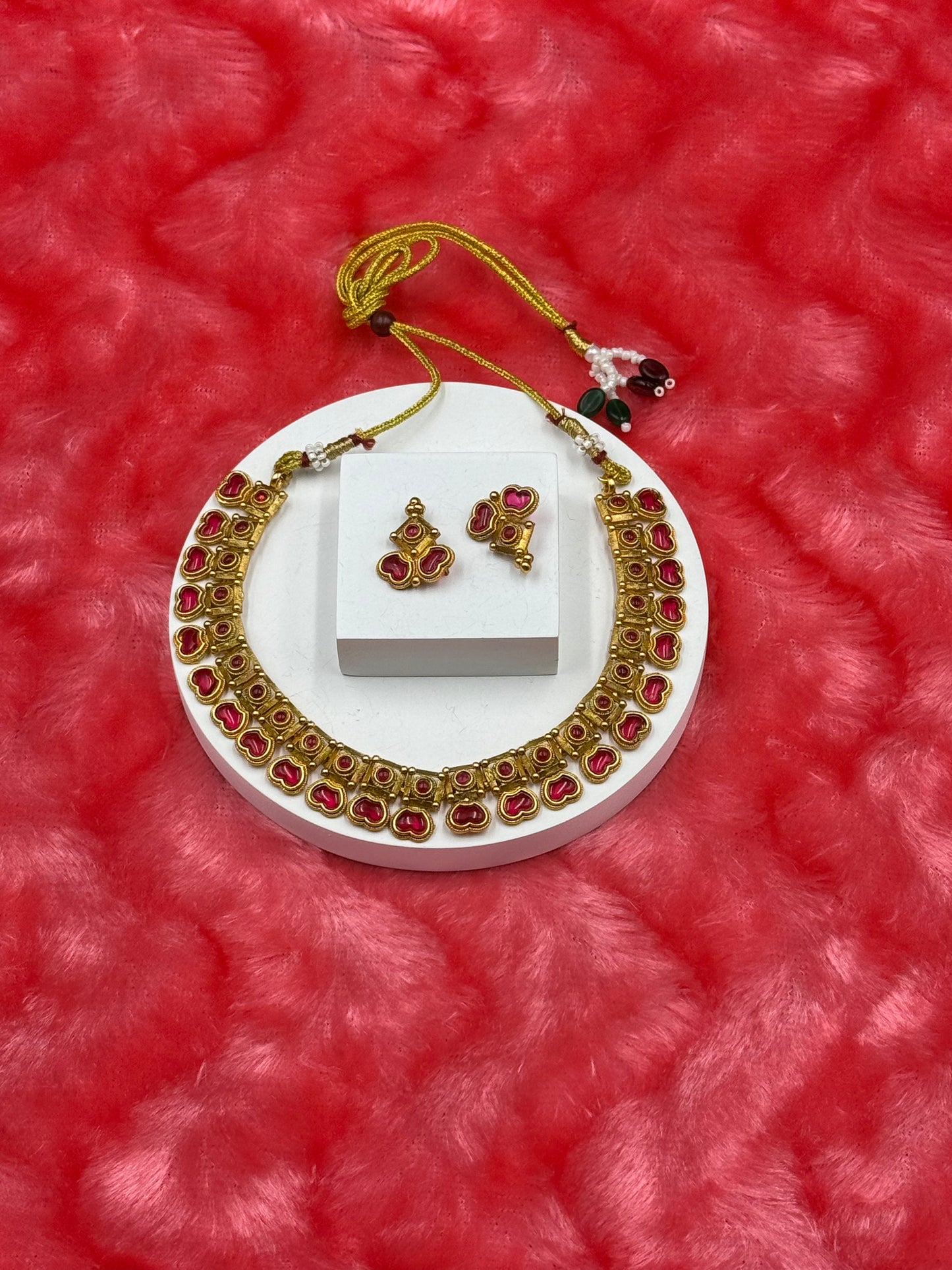 Traditional Kemp Stone Necklace Set with Earrings Ruby Red