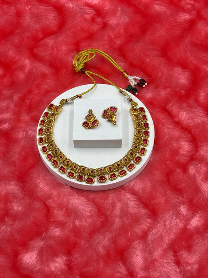 Traditional Kemp Stone Necklace Set with Earrings Ruby Red