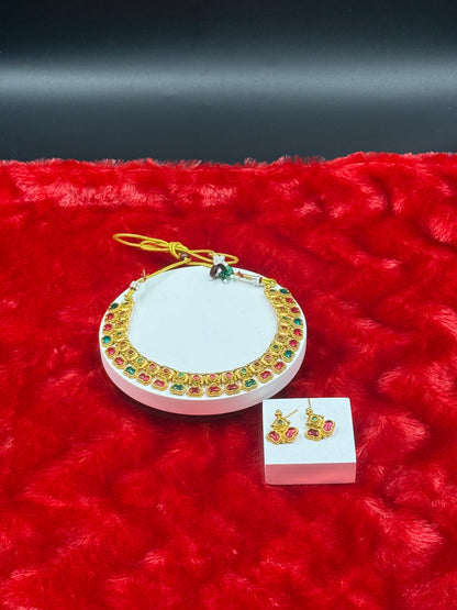 Traditional Kemp Stone Necklace Set with Earrings Multicolour