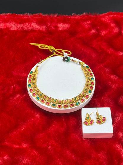 Traditional Kemp Stone Necklace Set with Earrings Multicolour
