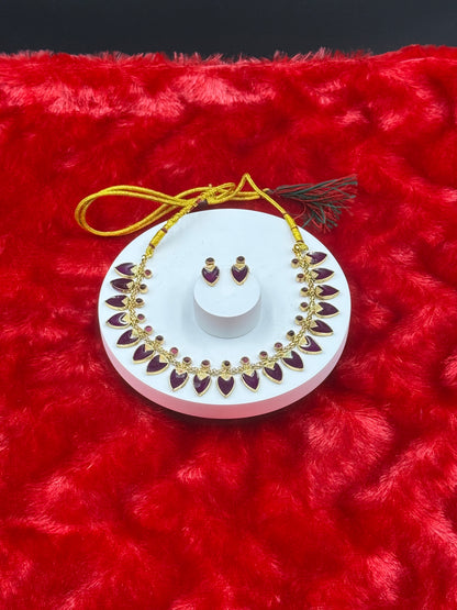Elegant Leaf Maroon Motif Necklace Set with Matching Earrings