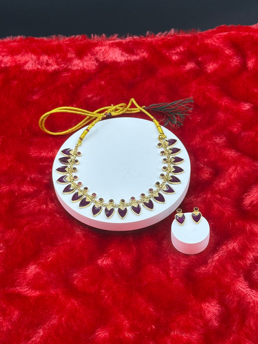 Elegant Leaf Maroon Motif Necklace Set with Matching Earrings