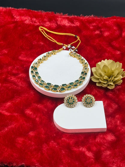 Floral Dual-Layer Stone Necklace Set with Stud Earrings Emerald Green