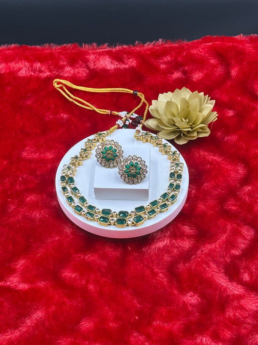 Floral Dual-Layer Stone Necklace Set with Stud Earrings Emerald Green