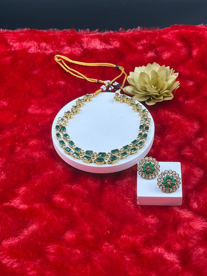 Floral Dual-Layer Stone Necklace Set with Stud Earrings Emerald Green