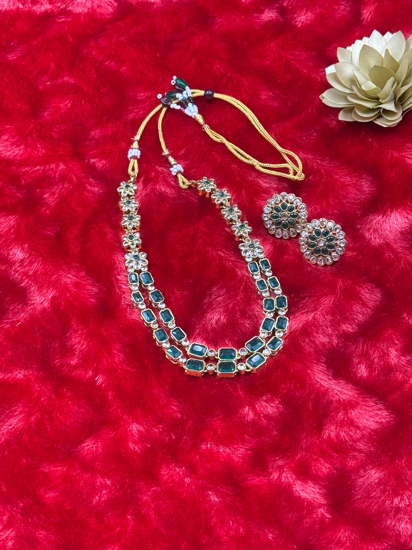 Floral Dual-Layer Stone Necklace Set with Stud Earrings Emerald Green