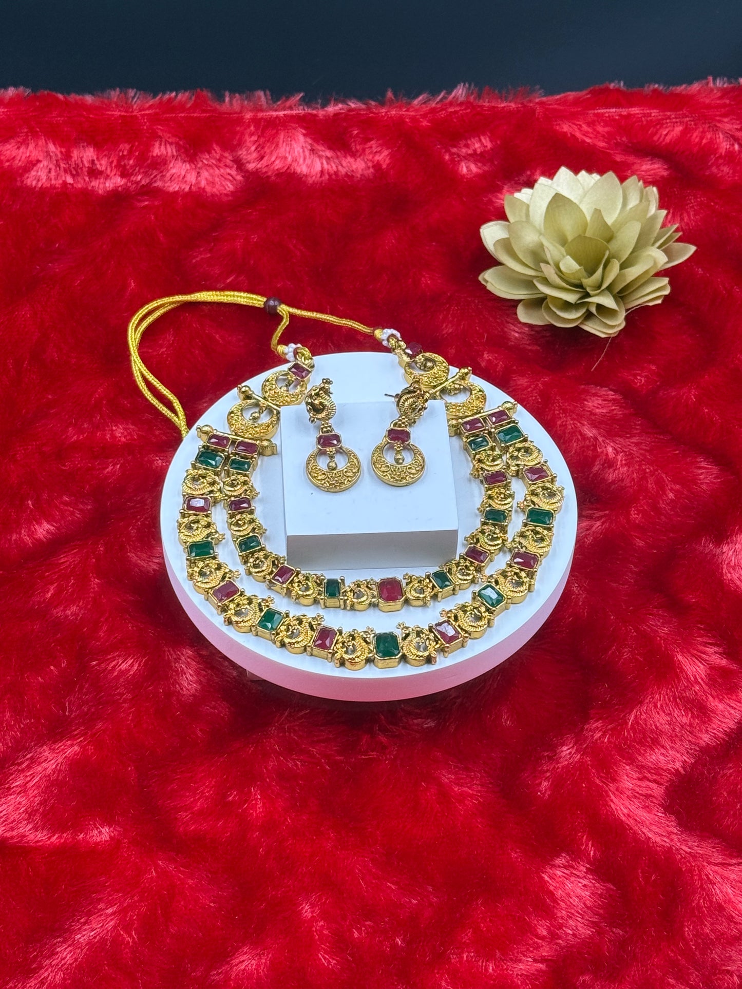 Ruby-Green Dual Tone Kemp Double Layer Necklace Set