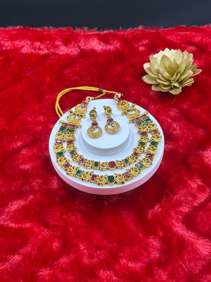 Ruby-Green Dual Tone Kemp Double Layer Necklace Set