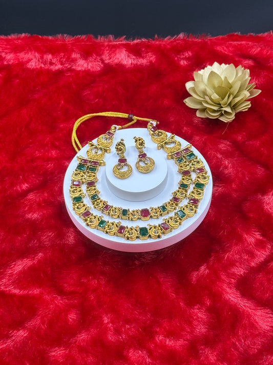 Ruby-Green Dual Tone Kemp Double Layer Necklace Set