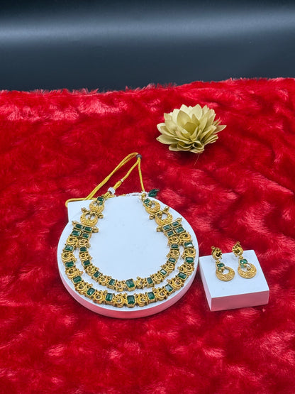 Green Kemp Double Layer Temple Necklace Set