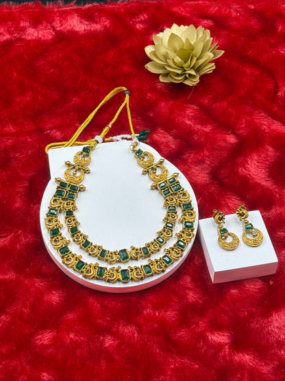 Green Kemp Double Layer Temple Necklace Set