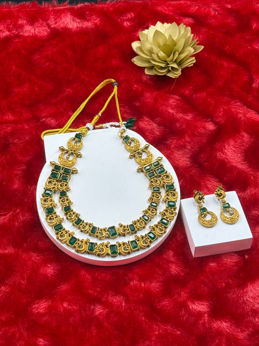 Green Kemp Double Layer Temple Necklace Set