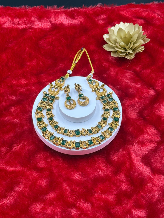 Green Kemp Double Layer Temple Necklace Set