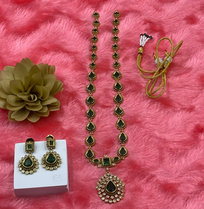 Green Pear Drop Stone Necklace Set with Earrings