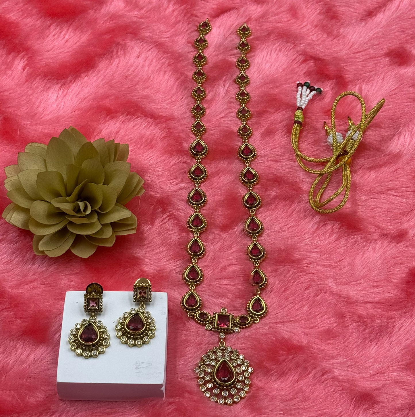 Ruby Red Pear Drop Stone Necklace Set with Earrings