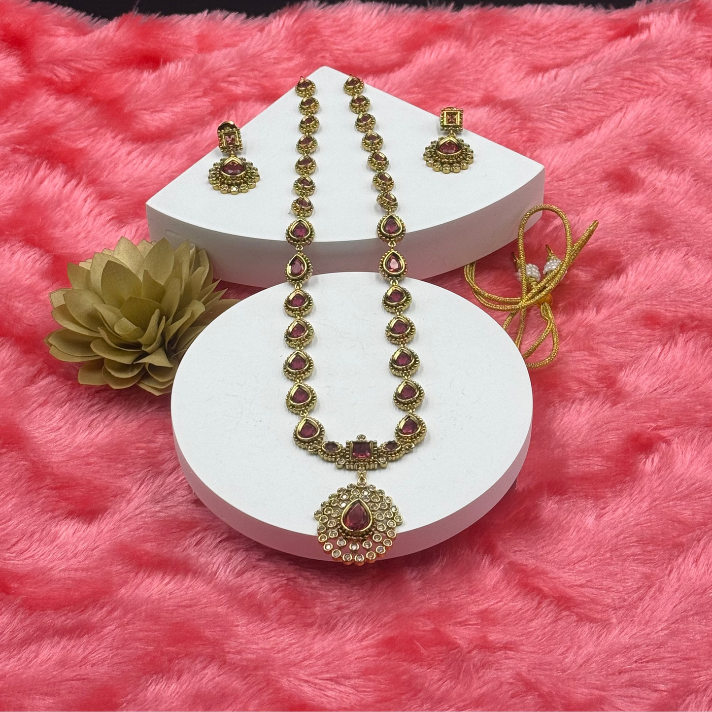 Ruby Red Pear Drop Stone Necklace Set with Earrings
