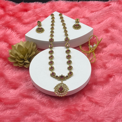 Ruby Red Pear Drop Stone Necklace Set with Earrings