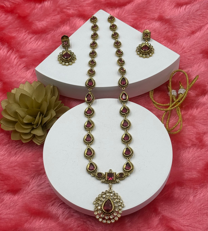 Ruby Red Pear Drop Stone Necklace Set with Earrings
