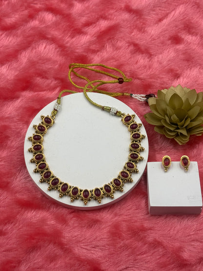 Classic Cabochon Choker Necklace Set with Earrings RubyRed