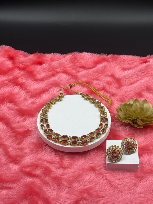 Floral Dual-Layer Stone Necklace Set with Stud Earrings Ruby Red