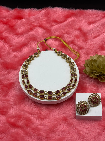 Floral Dual-Layer Stone Necklace Set with Stud Earrings Ruby Red