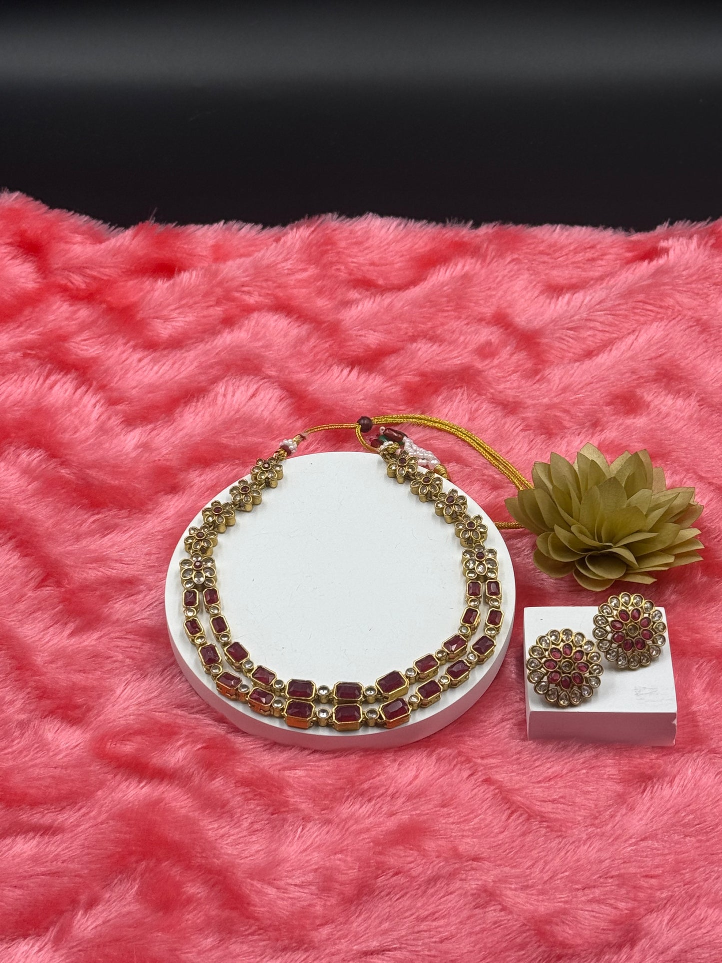 Floral Dual-Layer Stone Necklace Set with Stud Earrings Ruby Red