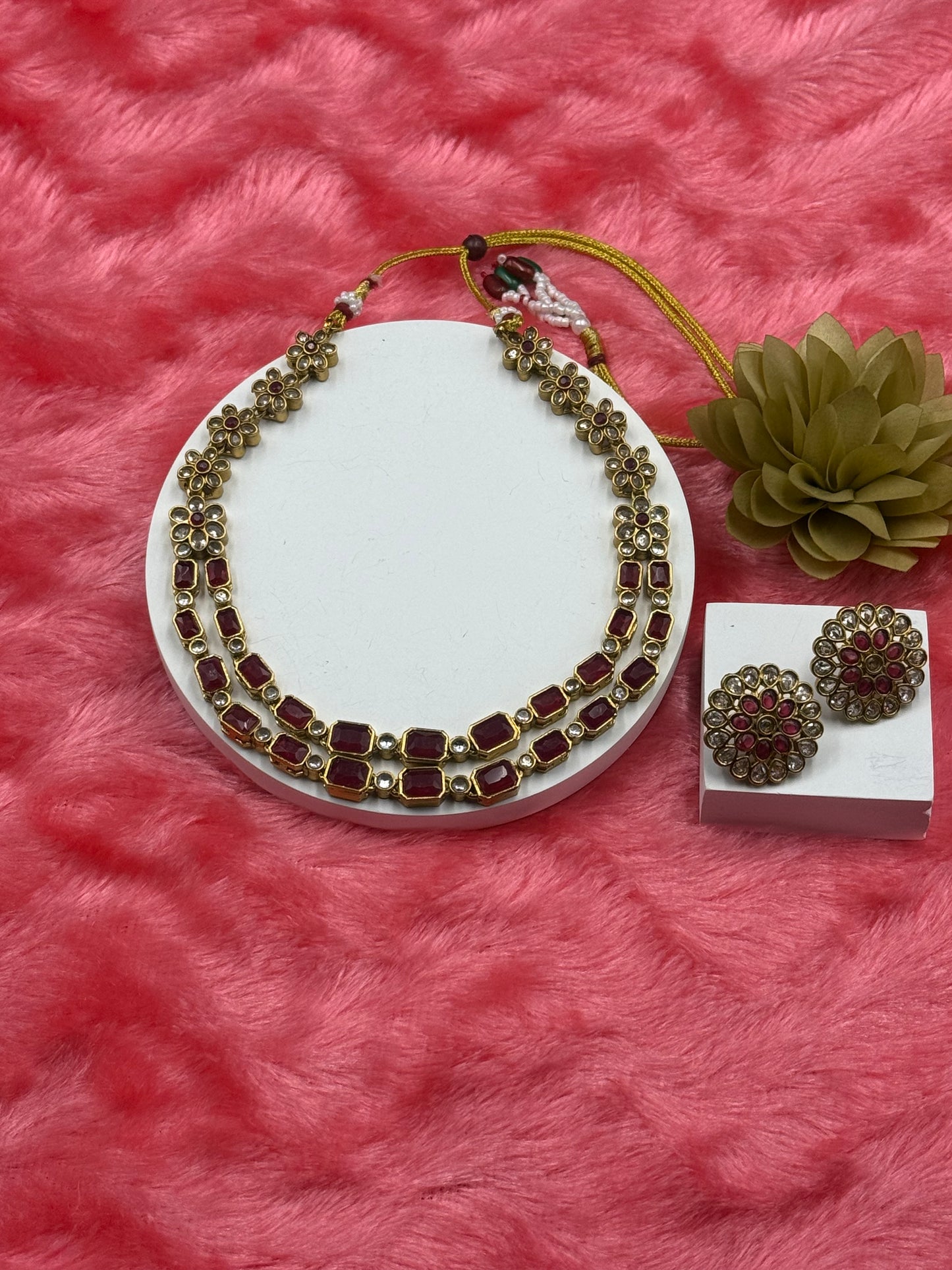 Floral Dual-Layer Stone Necklace Set with Stud Earrings Ruby Red