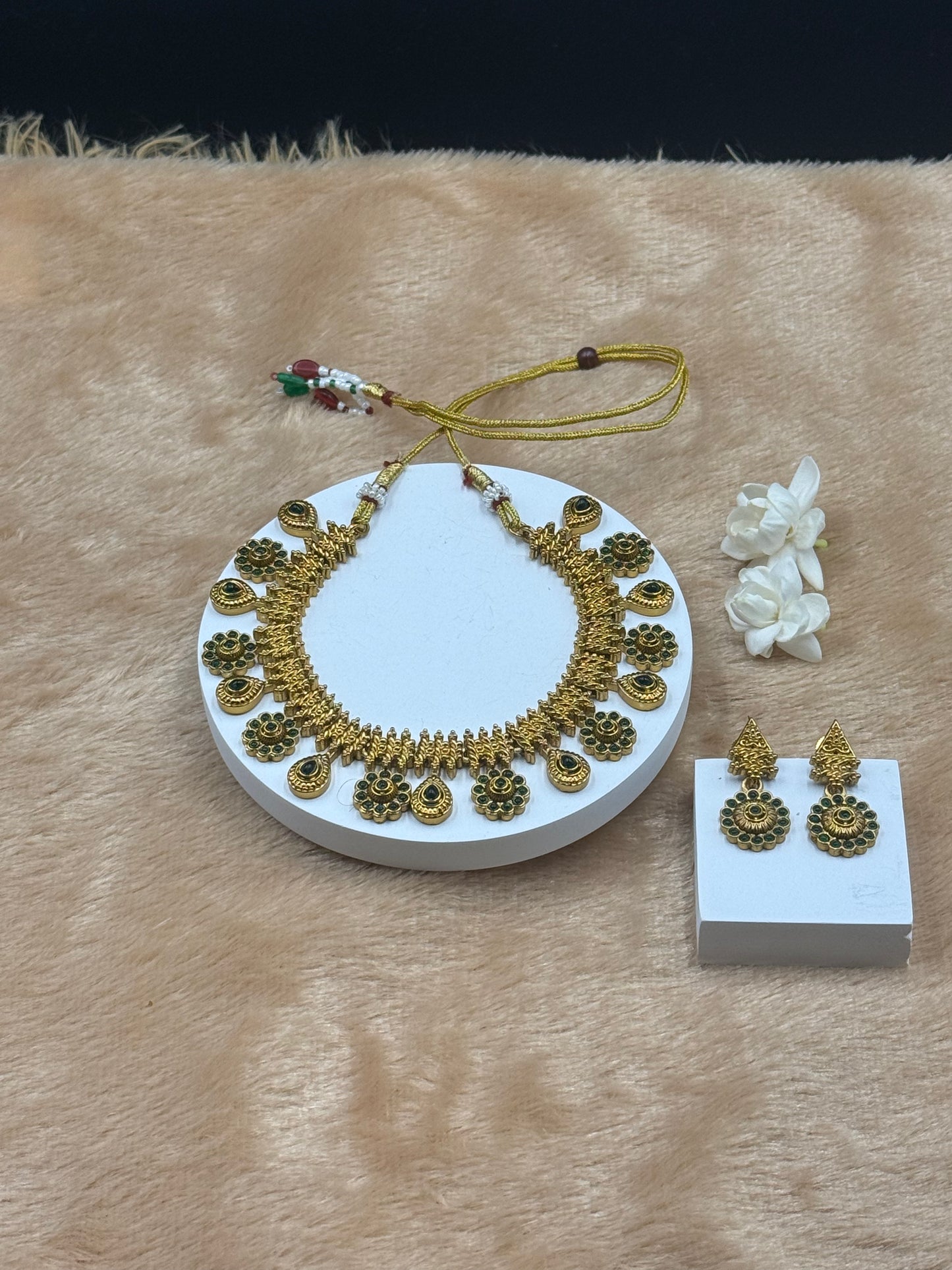 Floral Necklace Set  Green Stones