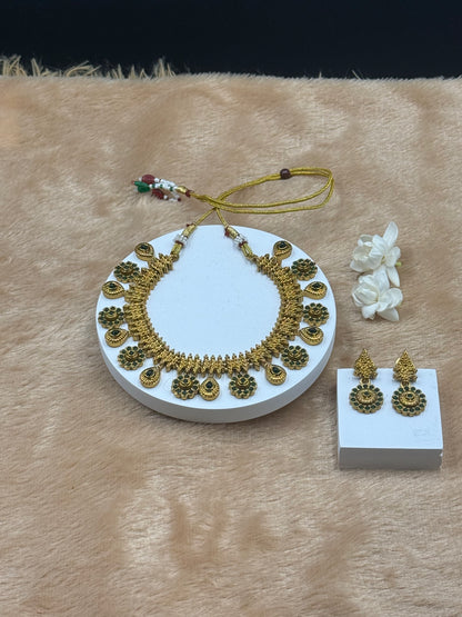 Floral Necklace Set  Green Stones