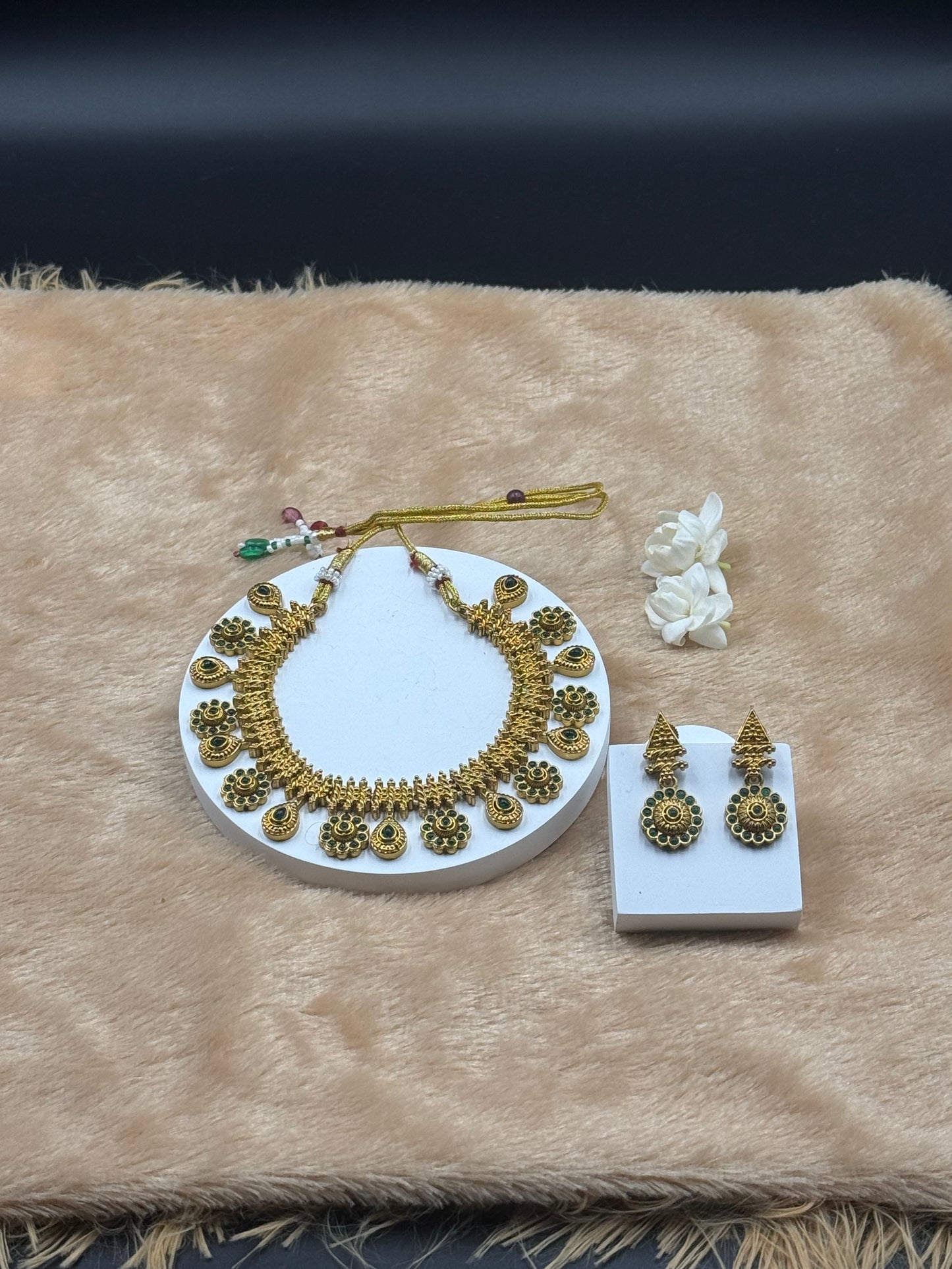 Floral Necklace Set  Green Stones