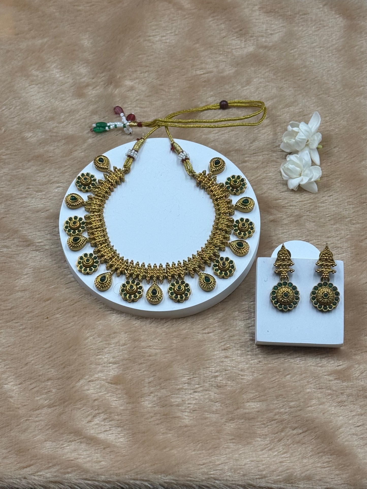 Floral Necklace Set  Green Stones