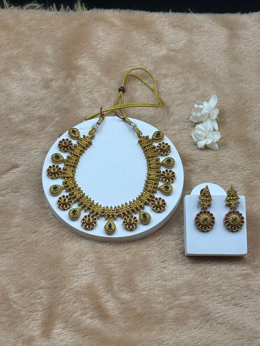 Floral Necklace Set Ruby-Green Stones
