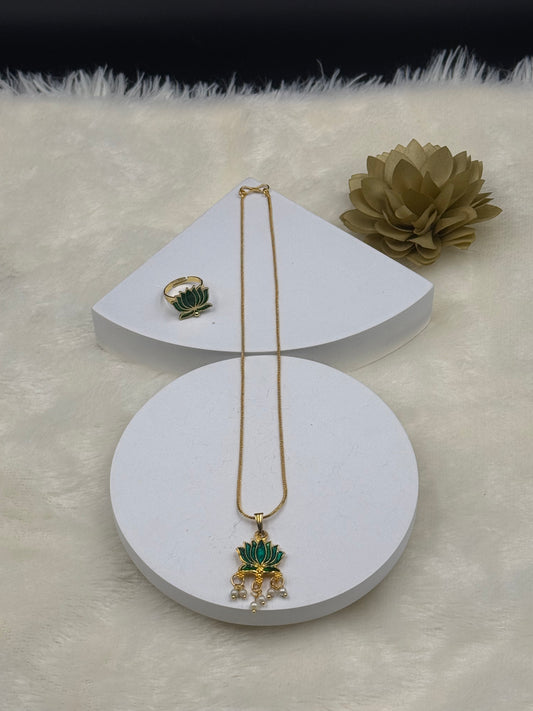 Lotus Enamel Pendant Chain with Pearl Drops & Adjustable Ring