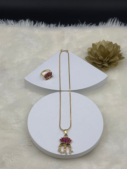 Lotus Enamel Pendant Chain with Pearl Drops & Adjustable Ring