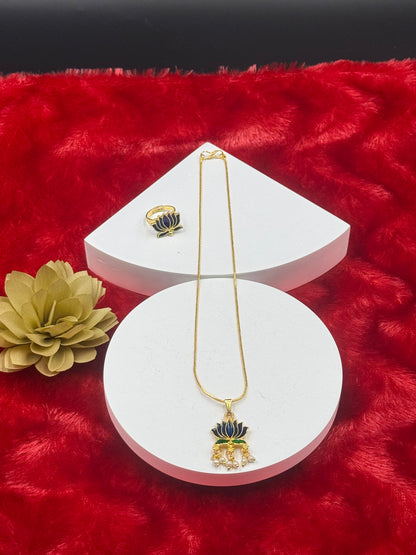 Lotus Enamel Pendant Chain with Pearl Drops & Adjustable Ring