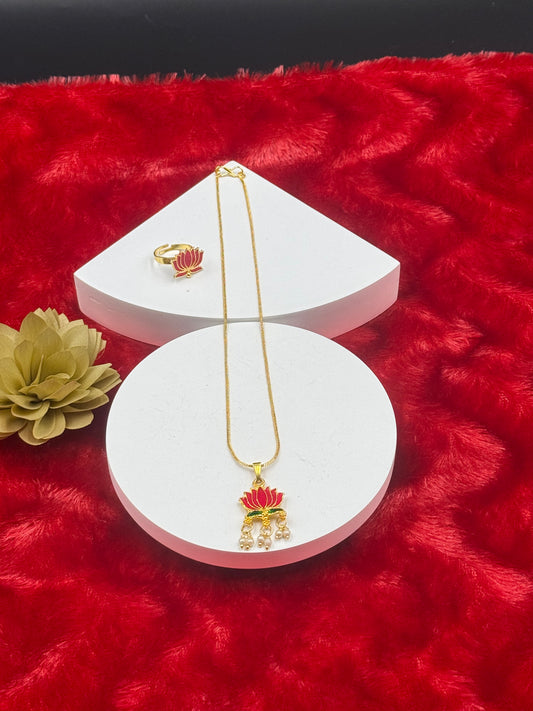 Lotus Enamel Pendant Chain with Pearl Drops & Adjustable Ring