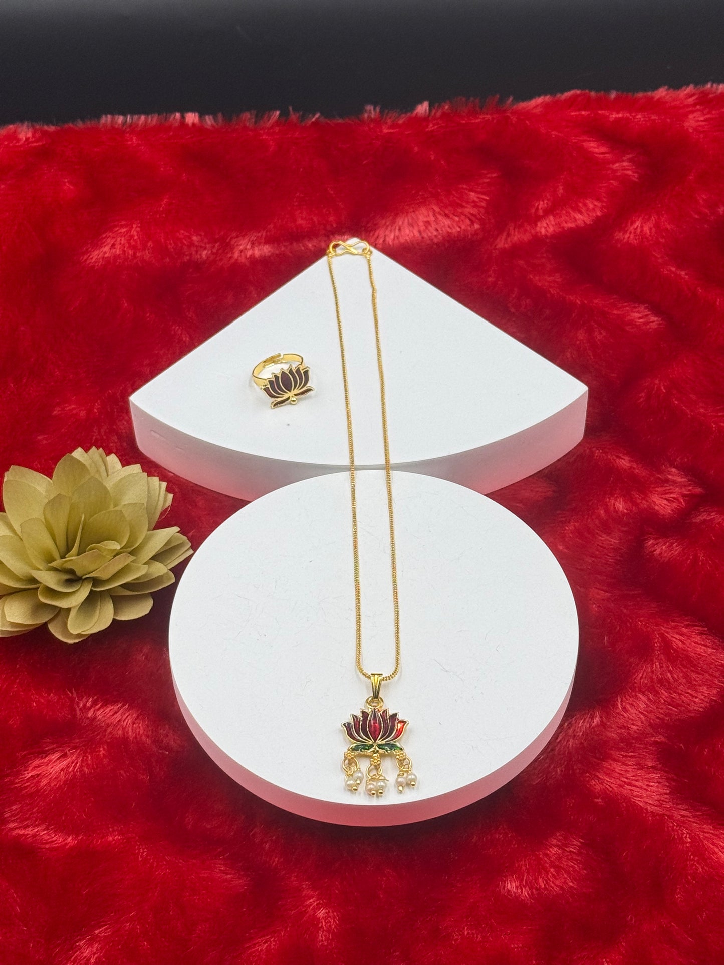 Lotus Enamel Pendant Chain with Pearl Drops & Adjustable Ring
