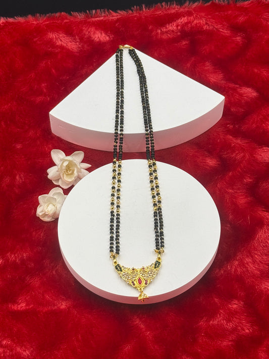Black Bead Temple Necklace with Ruby Accent Pendant