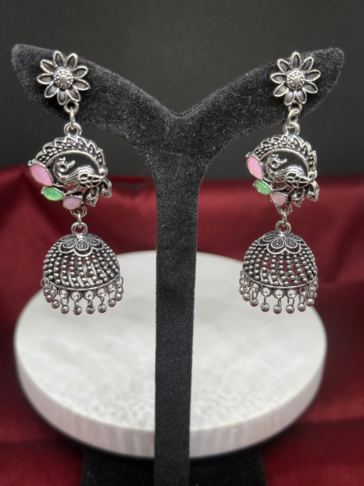 Floral Peacock Oxidised Jhumkas