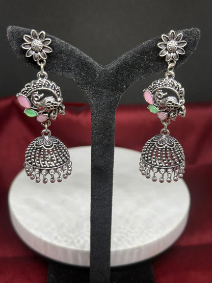 Floral Peacock Oxidised Jhumkas