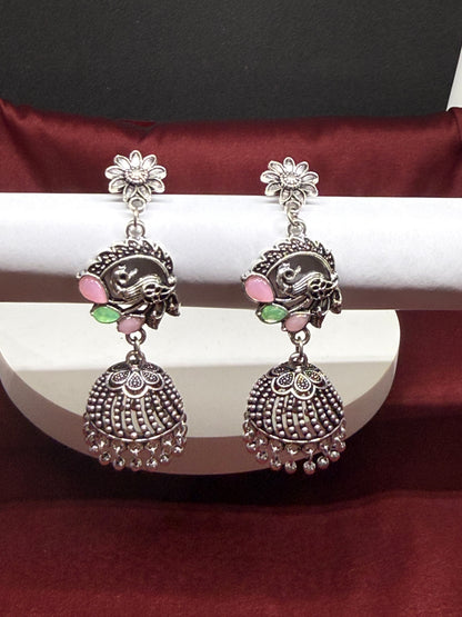 Floral Peacock Oxidised Jhumkas
