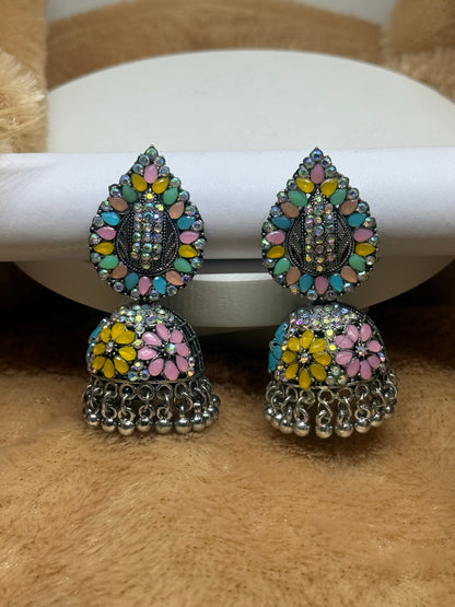 Carnival Bloom Oxidised Jhumka Earrings