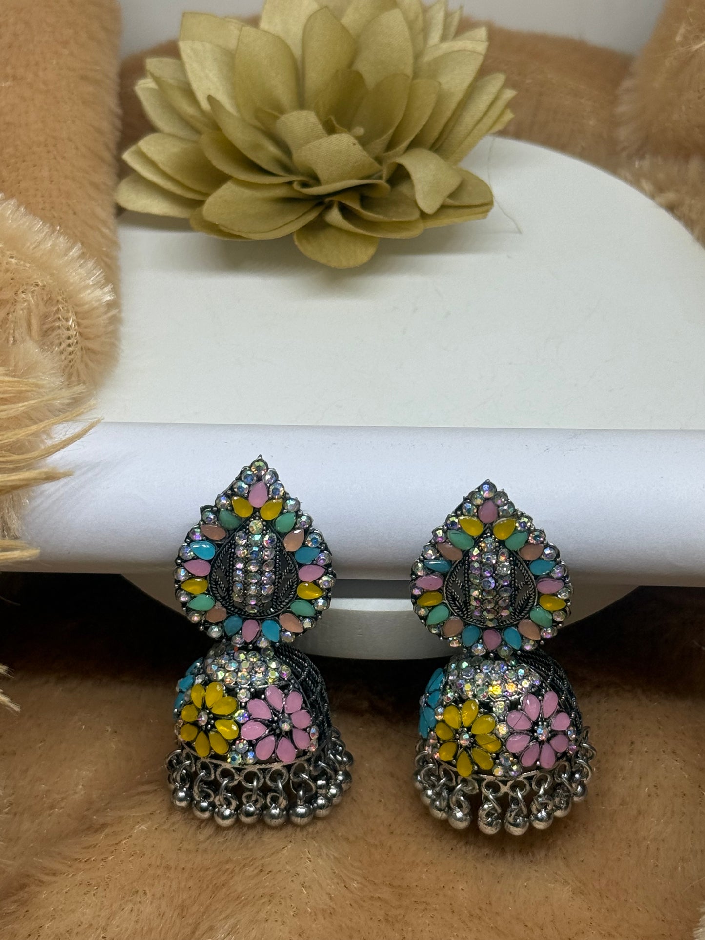 Carnival Bloom Oxidised Jhumka Earrings