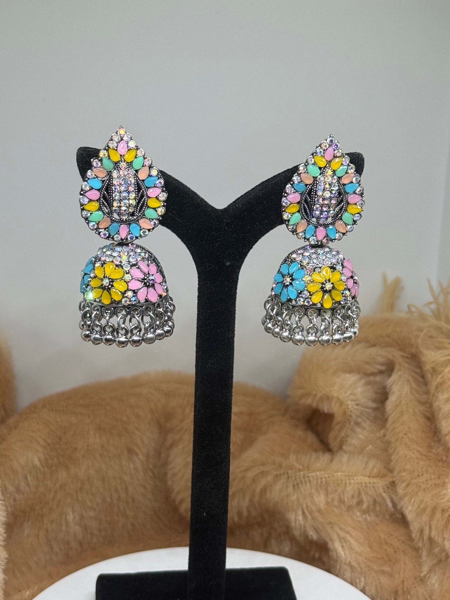 Carnival Bloom Oxidised Jhumka Earrings