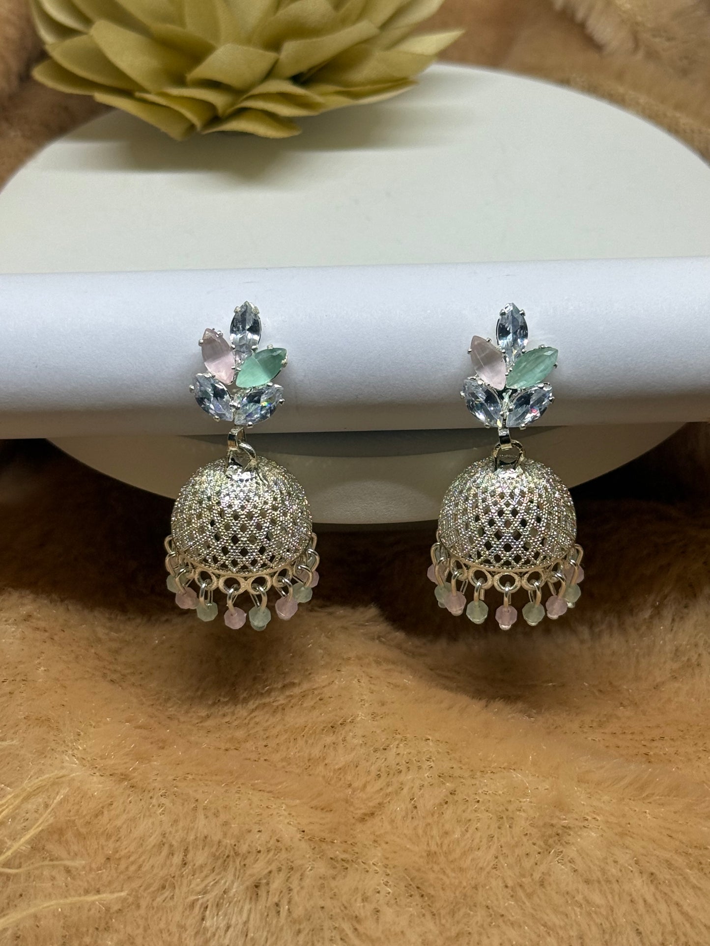 Pastel Bloom Silver Jhumka Earrings