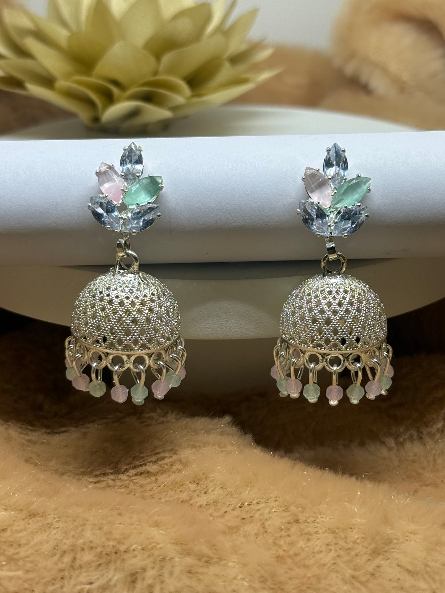 Pastel Bloom Silver Jhumka Earrings
