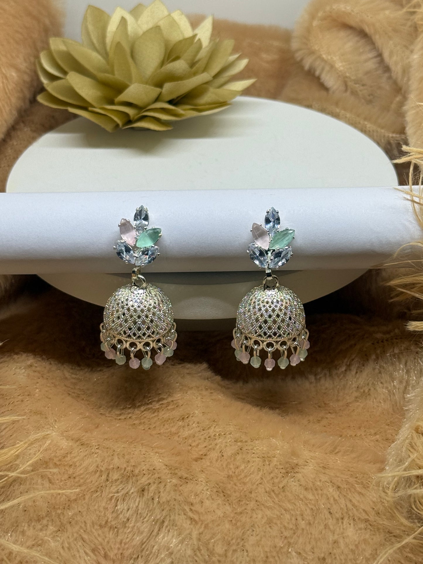 Pastel Bloom Silver Jhumka Earrings