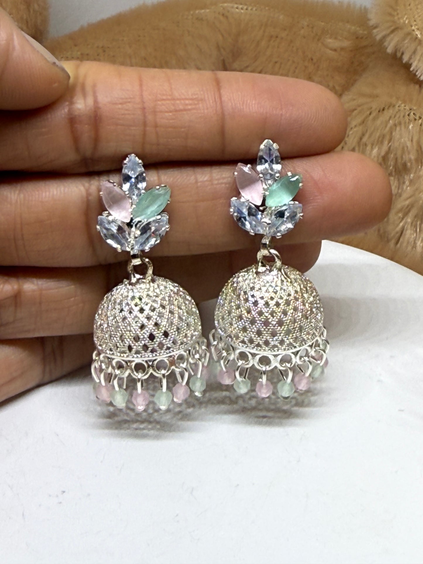 Pastel Bloom Silver Jhumka Earrings