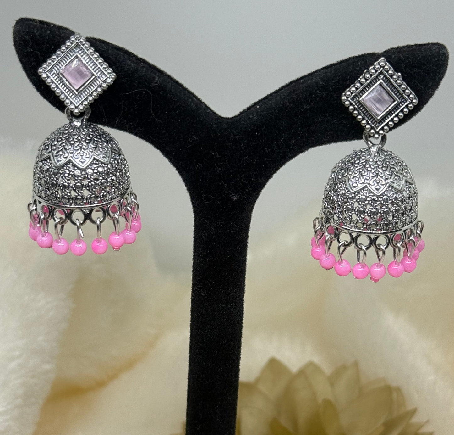 Oxidised Square Stone Jhumka Earrings