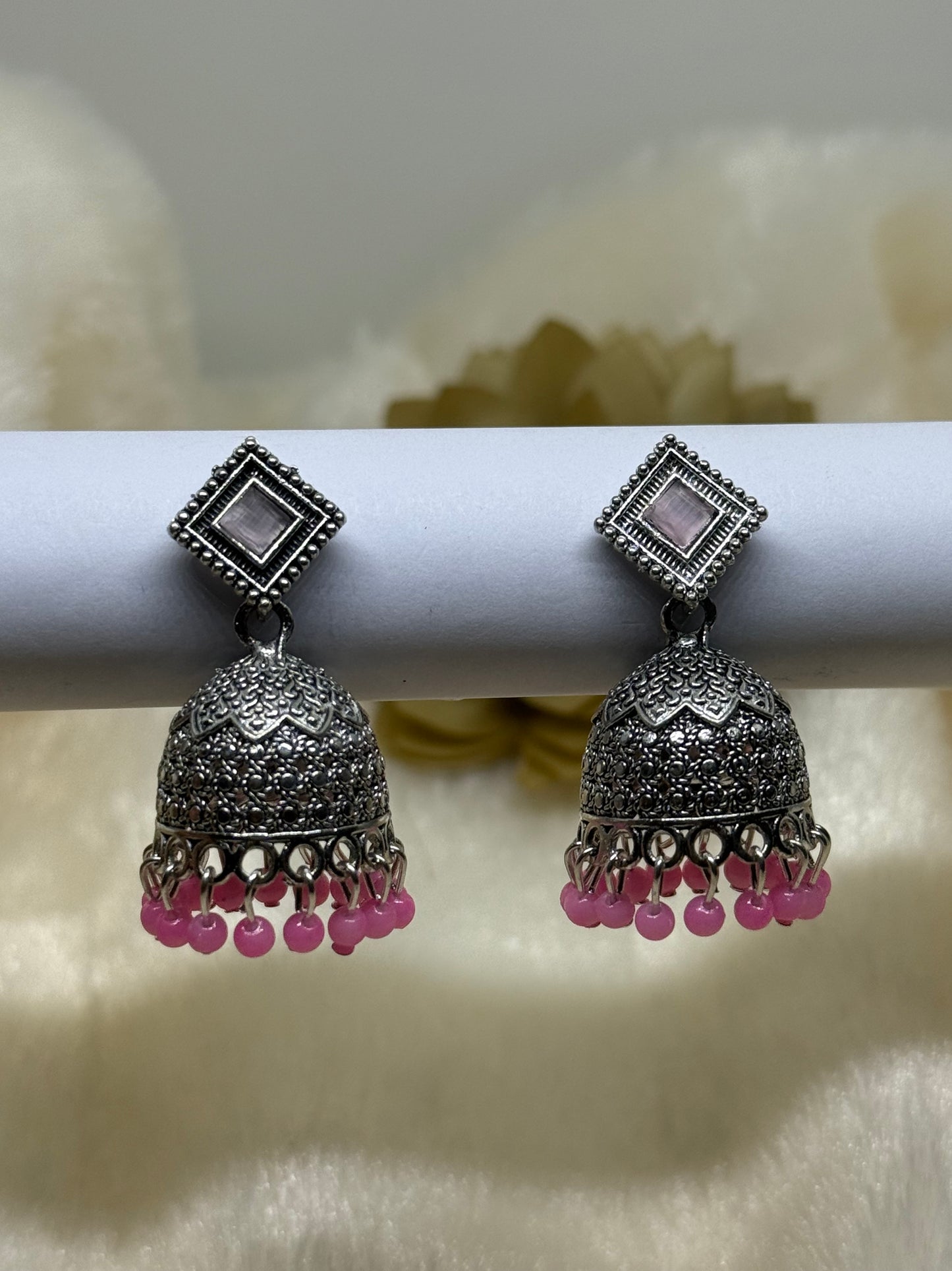 Oxidised Square Stone Jhumka Earrings